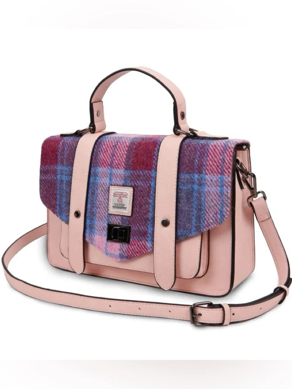 NEW Islander Harris Tweed Pink & Blue Tartan 100% Wool Handwoven Mini Satchel